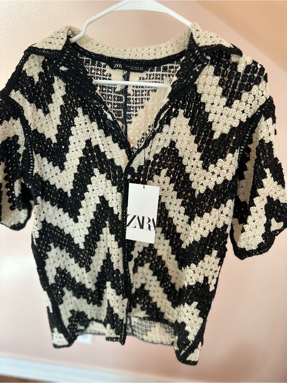 Zara Black and Cream Chevron Crochet Button-Down Top